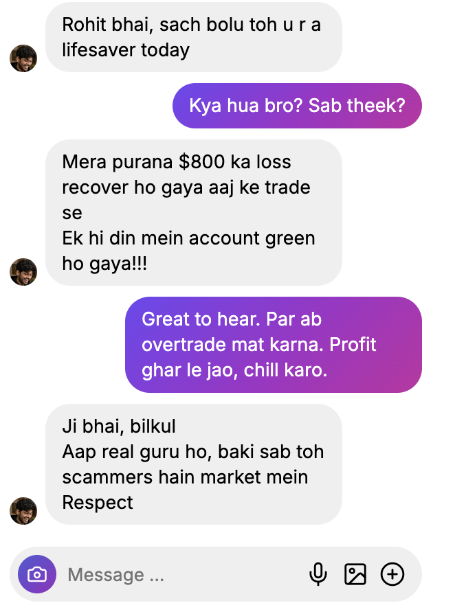 Member chat — $800 loss recovered in one day